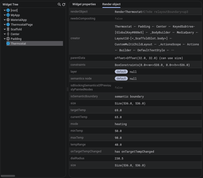 Flutter Debugger Thermostat Properties